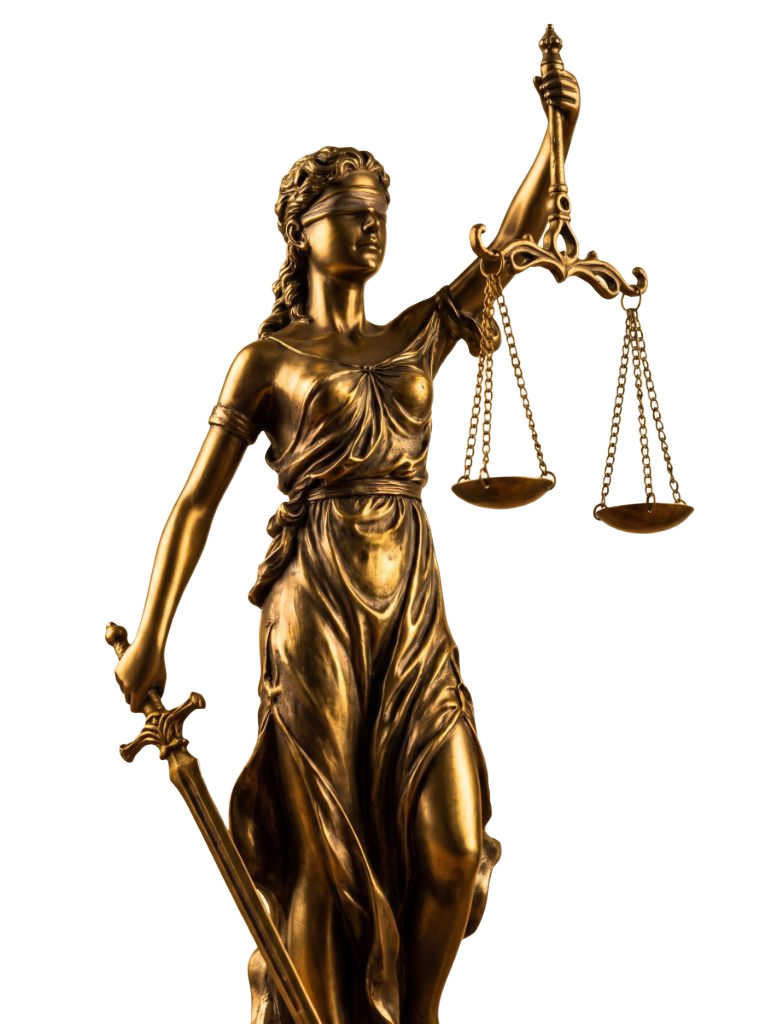 Bronze statue of Lady Justice holding scales and a sword